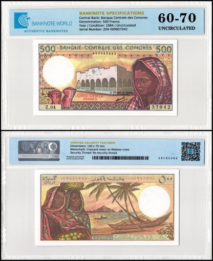 Comoros 500 Francs Banknote, 1984-2004 ND, P-10b.1, UNC, TAP 60-70 Authenticated