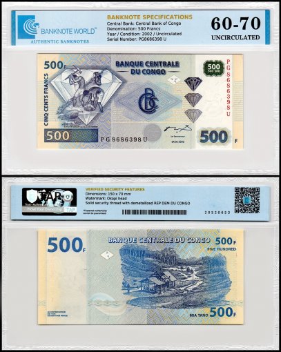 Congo Democratic Republic 500 Francs Banknote, 2002, P-96a.2, UNC, TAP 60-70 Authenticated