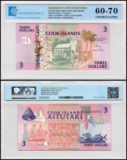 Cook Islands 3 Dollars Banknote, 1992 ND, P-7, UNC, TAP 60-70 Authenticated