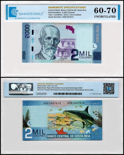 Costa Rica 2,000 Colones Banknote, 2015, P-275c, UNC, TAP 60-70 Authenticated