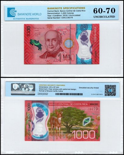 Costa Rica 1,000 Colones Banknote, 2019, P-280, UNC, Polymer, TAP 60-70 Authenticated