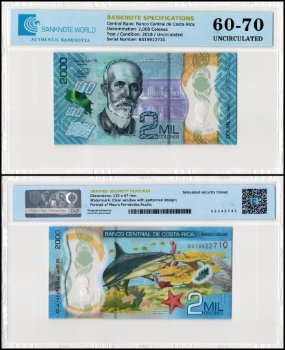 Costa Rica 2,000 Colones Banknote, 2018, P-281, UNC, Polymer, TAP 60-70 Authenticated