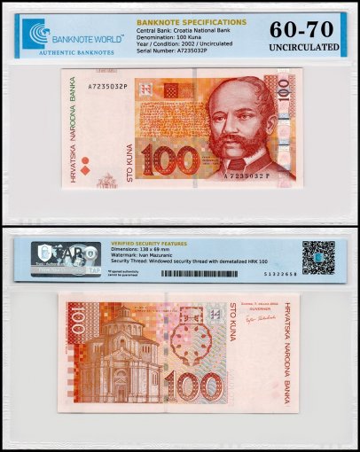 Croatia 100 Kuna Banknote, 2002, P-41a, UNC, TAP 60-70 Authenticated
