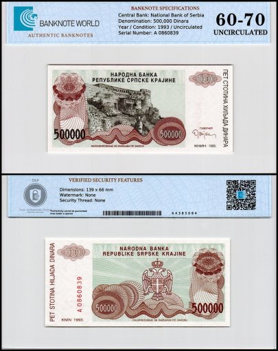 Croatia 500,000 Dinara Banknote, 1993, P-R23, UNC, TAP 60-70 Authenticated