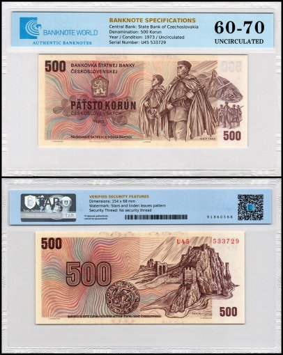 Czechoslovakia 500 Korun Banknote, 1973, P-93a, UNC, Prefix U, TAP 60-70 Authenticated