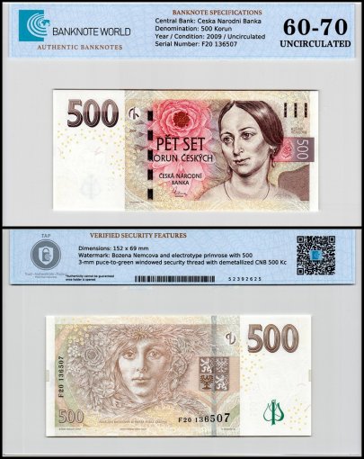 Czechia - Czech Republic 500 Korun Banknote, 2009, P-24b, UNC, Series F, TAP 60-70 Authenticated
