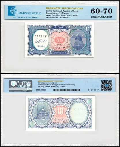 Egypt 10 Piastres Banknote, L.1940 (2006 ND), P-191, UNC, TAP 60-70 Authenticated