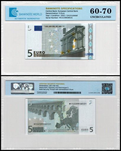 European Union - Portugal 5 Euro Banknote, 2002, P-8m, UNC, Prefix M, TAP 60-70 Authenticated