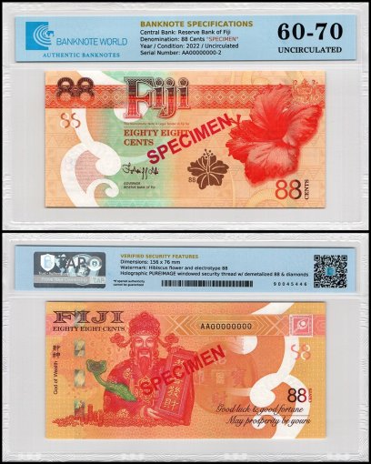 Fiji 88 Cents Banknote, 2022 ND, P-123s, UNC, Specimen, Commemorative, TAP 60-70 Authenticated