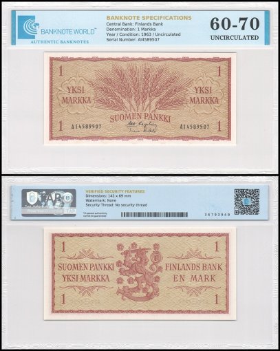 Finland 1 Markka Banknote, 1963, P-98a.23, UNC, TAP 60-70 Authenticated