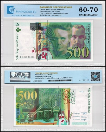 France 500 Francs Banknote, 1994, P-160a, UNC, TAP 60-70 Authenticated