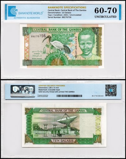 Gambia 10 Dalasis Banknote, 2001-2005 ND, P-21a, UNC, TAP 60-70 Authenticated