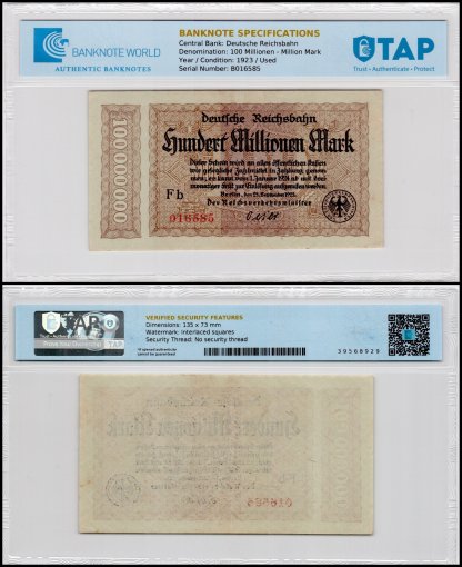 Germany 100 Millionen - Million Mark Banknote, 1923, P-S1017, Used, TAP Authenticated