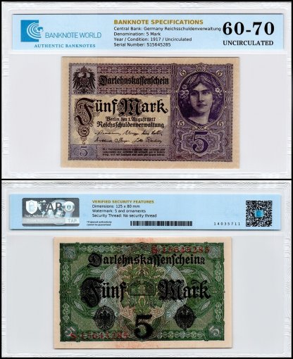Germany 5 Mark Banknote, 1917, P-56a, UNC, TAP 60-70 Authenticated
