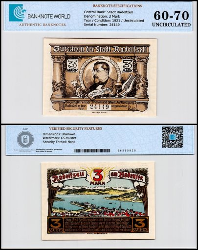 Radolfzell 3 Mark Notgeld, 1921, Mehl #1093.1c, UNC, TAP 60-70 Authenticated