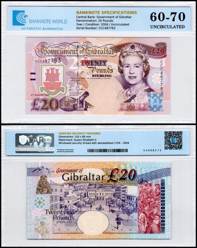 Gibraltar 20 Pounds Banknote, 2004, P-31, UNC, Commemorative, TAP 60-70 Authenticated