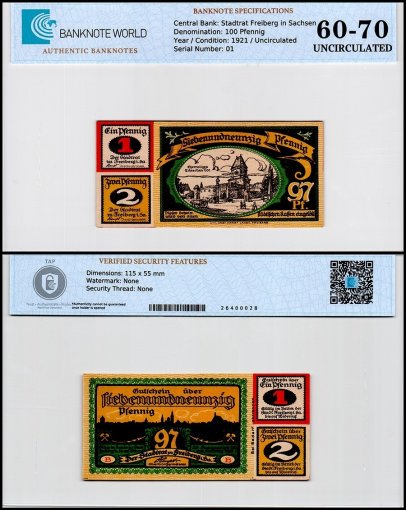 Freiberg in Sachsen 100 Pfennig Notgeld, 1921, Mehl #379.1, UNC, TAP 60-70 Authenticated