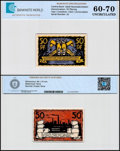 Neuhaldensleben 50 Pfennig Notgeld, 1922 ND, Mehl #941, UNC, TAP 60-70 Authenticated