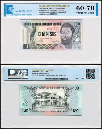 Guinea Bissau 100 Pesos Banknote, 1990, P-11, UNC, Radar Serial #, TAP 60-70 Authenticated