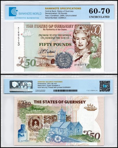Guernsey 50 Pounds Banknote, 1996 ND, P-59, UNC, Prefix A, TAP 60-70 Authenticated