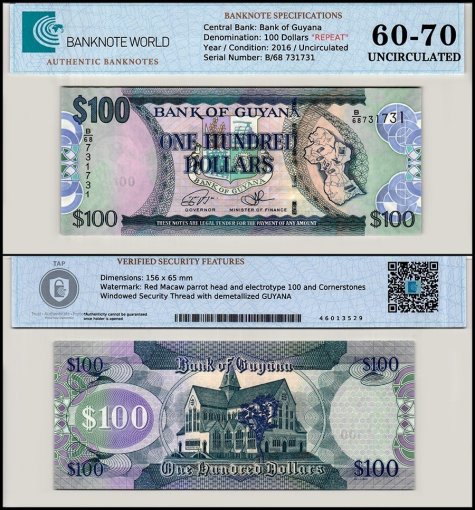 Guyana 100 Dollars Banknote, 2005-2016 ND, P-36c, UNC, Repeating Serial #B/68 731731, TAP 60-70 Authenticated