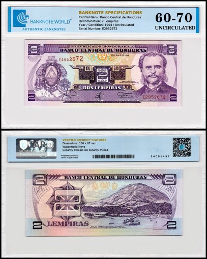 Honduras 2 Lempiras Banknote, 1994, P-72c, UNC, TAP 60-70 Authenticated