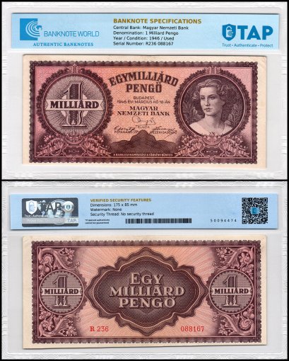 Hungary 1 Milliard Pengo Banknote, 1946, P-125, Used, TAP Authenticated