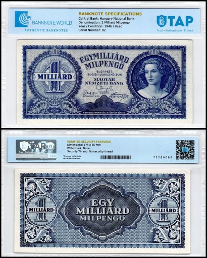 Hungary 1 Milliard Milpengo Banknote, 1946, P-131, Used, TAP Authenticated