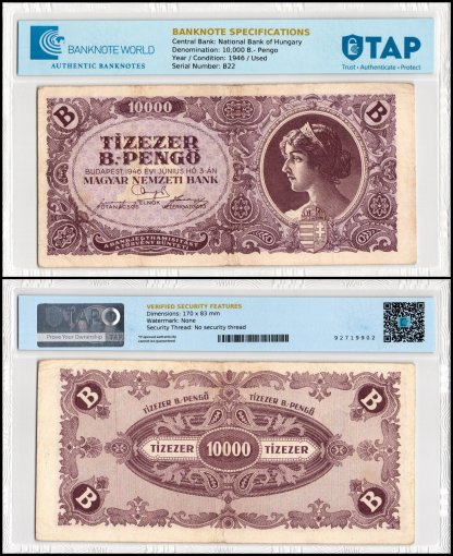 Hungary 10,000 B.- Pengo Banknote, 1946, P-132, Used, TAP Authenticated