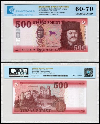 Hungary 500 Forint Banknote, 2018, P-202a.1, UNC, TAP 60-70 Authenticated