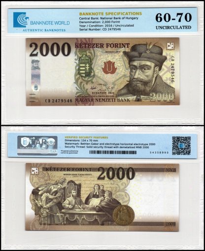 Hungary 2,000 Forint Banknote, 2016, P-204a, UNC, TAP 60-70 Authenticated
