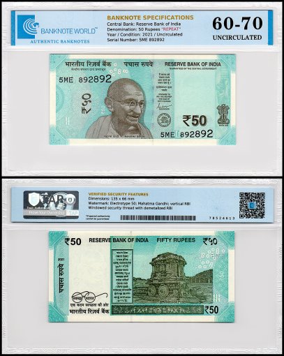 India 50 Rupees Banknote, 2021, P-111n, UNC, Plate Letter L, Repeating Serial #5ME 892892, TAP 60-70 Authenticated