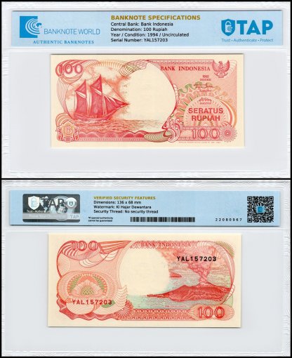 Indonesia 100 Rupiah Banknote, 1994, P-127c, UNC, TAP Authenticated