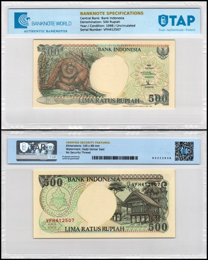 Indonesia 500 Rupiah Banknote, 1998, P-128g, UNC, TAP Authenticated