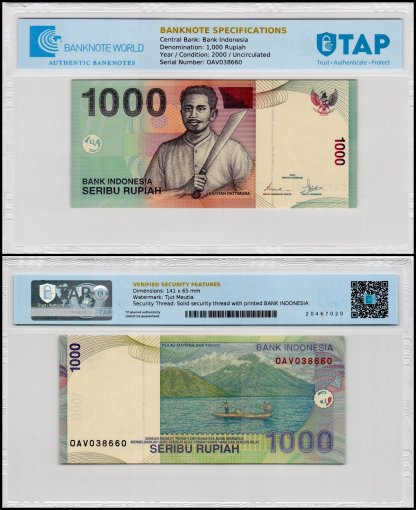 Indonesia 1,000 Rupiah Banknote, 2000, P-141a, UNC, TAP Authenticated