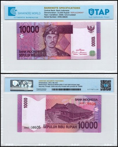 Indonesia 10,000 Rupiah Banknote, 2009, P-143ez, UNC, Replacement, TAP Authenticated