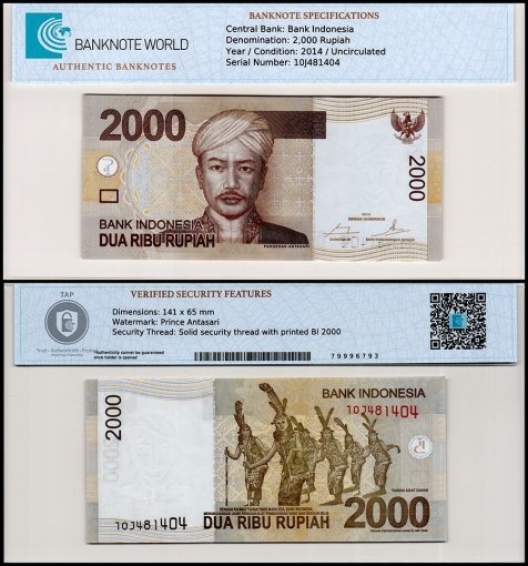 Indonesia 2,000 Rupiah Banknote, 2014, P-148f, UNC, TAP Authenticated