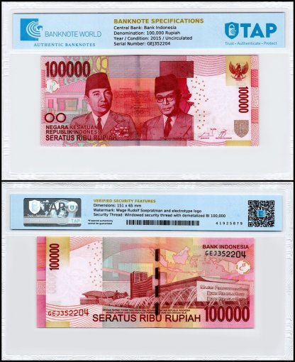 Indonesia 100,000 Rupiah Banknote, 2015, P-153Ab.2, UNC, TAP Authenticated