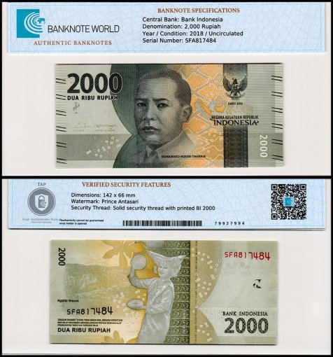 Indonesia 2,000 Rupiah Banknote, 2018, P-155c.1, UNC, TAP Authenticated