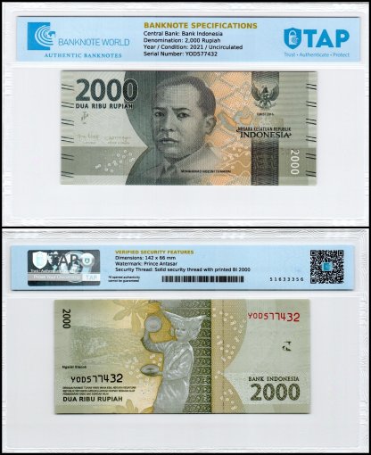 Indonesia 2,000 Rupiah Banknote, 2021, P-155f, UNC, TAP Authenticated