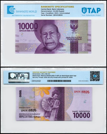 Indonesia 10,000 Rupiah Banknote, 2021, P-157e, UNC, TAP Authenticated
