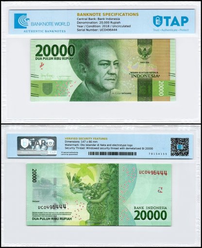 Indonesia 20,000 Rupiah Banknote, 2018, P-158c.2, UNC, TAP Authenticated