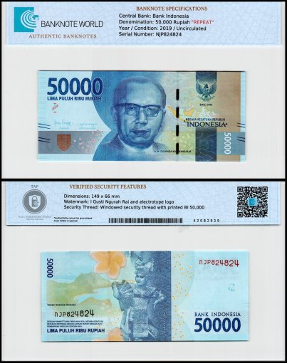 Indonesia 50,000 Rupiah Banknote, 2019, P-159d, UNC, Repeating Serial #NJP824824, TAP Authenticated