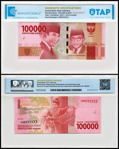 Indonesia 100,000 Rupiah Banknote, 2017, P-160b, UNC, Solid Serial #HAB333333, TAP Authenticated