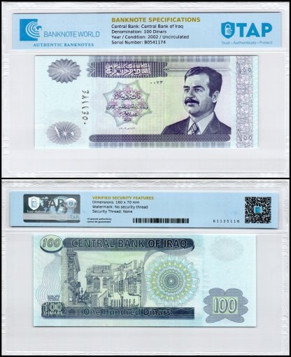 Iraq 100 Dinars Banknote, 2002 (AH1422), P-87, UNC, TAP Authenticated