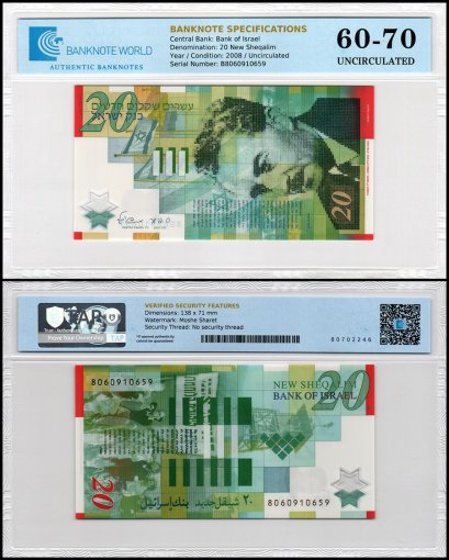 Israel 20 New Sheqalim Banknote, 2008, P-64, UNC, Polymer, TAP 60-70 Authenticated