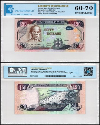 Jamaica 50 Dollars Banknote, 2020, P-94f, UNC, TAP 60-70 Authenticated