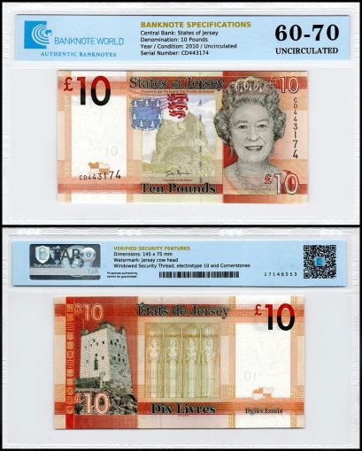 Jersey 10 Pounds Banknote, 2010 ND, P-34a.1, UNC, TAP 60-70 Authenticated