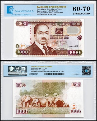 Kenya 1,000 Shillings Banknote, 2001, P-40d, UNC, TAP 60-70 Authenticated