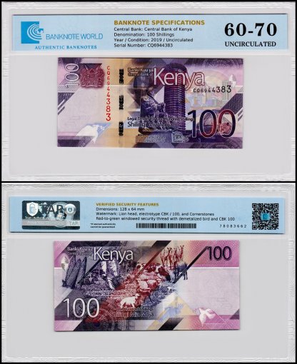 Kenya 100 Shillings Banknote, 2019, P-53, UNC, TAP 60-70 Authenticated